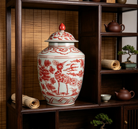 Pot en porcelaine rouge traditionnel chinois à motif floral de paon, avec couvercle, peint à la main, en céramique, pot à gingembre, ornement pour la maison