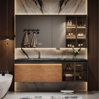 Meuble de salle de bain de style hôtel de luxe léger avec corps en bois massif et plan de travail en pierre frittée, miroir intelligent / meuble