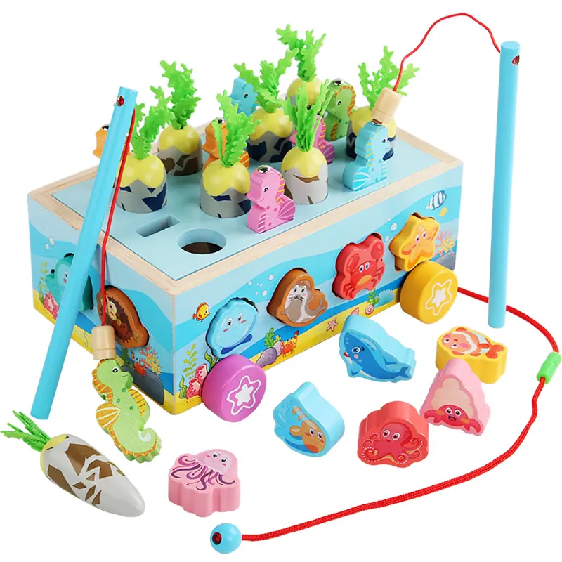 Montessori Colorful Wooden Multifunctional Animal Shape Cart Educational Toys Wooden Children's Ocean Trailer Toys