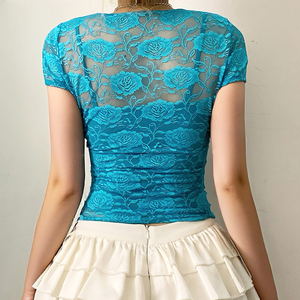 ชุดเซ็ตเสื้อยืดซีทรูแต่งลูกไม้สองชิ้น เสื้อแขนสั้นน้ำหนักเบา สไตล์ลำลองสำหรับผู้หญิง ชุดเลเยอร์ใส่ซ้อนกันได้ ชุดเข้าเซ็ตทรงเข้ารูปสำหรับฤดูร้อน - Product Image 5