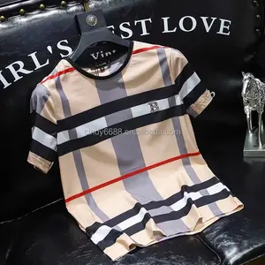 2024 Silk Cotton Short sleeved T-shirt for Men's Summer New Checkered Print B Letter Embroidered Half Sleeve T-shirt