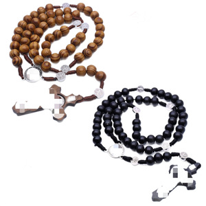 Collier chapelet vintage en corde tressée avec perles en bois, unisexe, fait main, longue tresse, sac en gaze noir et marron, origine Yiwu - Product Image 3