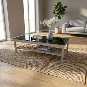 Table basse moderne rectangulaire, table centrale avec plateau en verre et base en bois, table à thé pour salon - Product Image 2