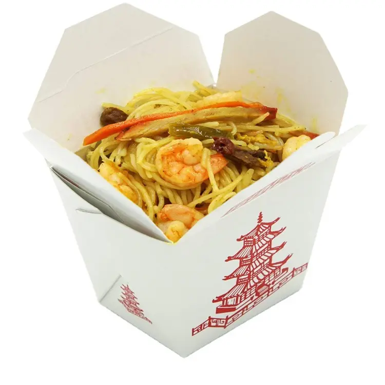 Custom printed 16oz 26oz 32oz disposable kraft rice packaging chinese food noodle takeaway packing paper box with handle