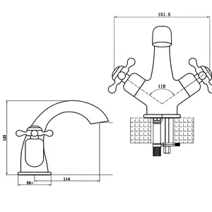 UK klassisches Kreuz handrad Deck montierter Messing-Waschtisch mischer mit 2 Griffen für Badezimmer