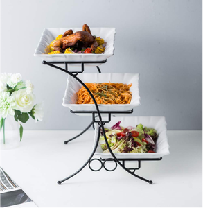 Restaurante parte 3 de cuadrado <span class=keywords><strong>blanco</strong></span> de cerámica ensalada bandeja vajilla placa con soporte de hierro - Product Image 3