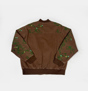 Blouson Bomber Vintage Marron pour Homme avec Broderie Florale, Délavé à l'Acide, Coupe Ample Oversize, Style Streetwear Décontracté Zippé - Product Image 2