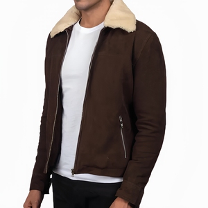 Brown <b>Suede</b> Bomber <b>Jacket</b> With Faux Fur Collar Zipper Closure Winter Unisax Thick Windproof Coat Regular Fit Full Sleeve <b>jacket</b> - Product Image 3