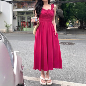 French Retro Rose Red U Neck Suspender Maxi Dress Pleated Waist Full Skirt Women Summer Casual Dress Breathable Vintage Style - Product Image 2