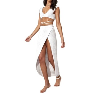 Nouvel ensemble deux pièces d'été pour femme : Blouse bikini en mousseline ajourée, petit <span class=keywords><strong>gilet</strong></span> et longue jupe, avec <span class=keywords><strong>dentelle</strong></span> croisée, idéal pour la <span class=keywords><strong>plage</strong></span> et la protection solaire - Product Image 5