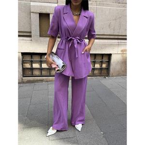 Women's <b>Purple</b> Short-Sleeved Jacket and Trouser Set with <b>Tie</b>-Detail - Product Image 5