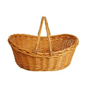 Hediye için Küçük Yuvarlak Ahşap Sepet, Püsküllü Hasır Örgülü 2 Katlı Metal Beyaz Ahşap Paskalya Sepetleri, Rattan Teller - Product Image 1