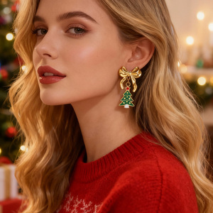 ต่างหูรูปต้นคริสต์มาส ชุบทอง สแตนเลสสตีล จี้รูปโบว์ ของขวัญวันหยุด เครื่องประดับ EH12125 - Product Image 1