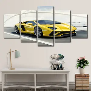 High Resolution 5 Panel Sport Super Car Yellow Lamborghini Polyester Canvas Art Print With Water-Proof
