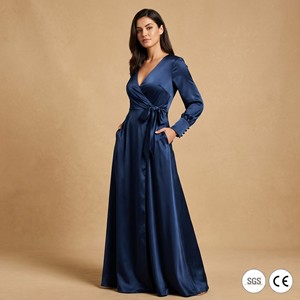 Vestido Maxi Cruzado de Satén Pesado Transpirable de Lujo Discreto para Mujer, Manga Larga, Cuello en V, Cintura <span class=keywords><strong>Imperio</strong></span>, Bolsillos, Elegante para Oficina, OEM, Tallas Grandes - Product Image 1