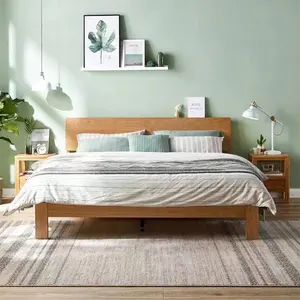 Cama nórdica de madera maciza, conjunto de muebles minimalistas modernos de tamaño king, cama doble de troncos de estilo japonés