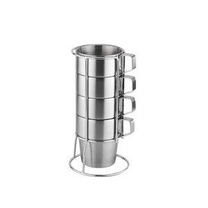 304 Cangkir Air Stainless Steel Lapisan Ganda Cangkir Kopi Espresso dengan Nampan dengan Sendok Cangkir Susu