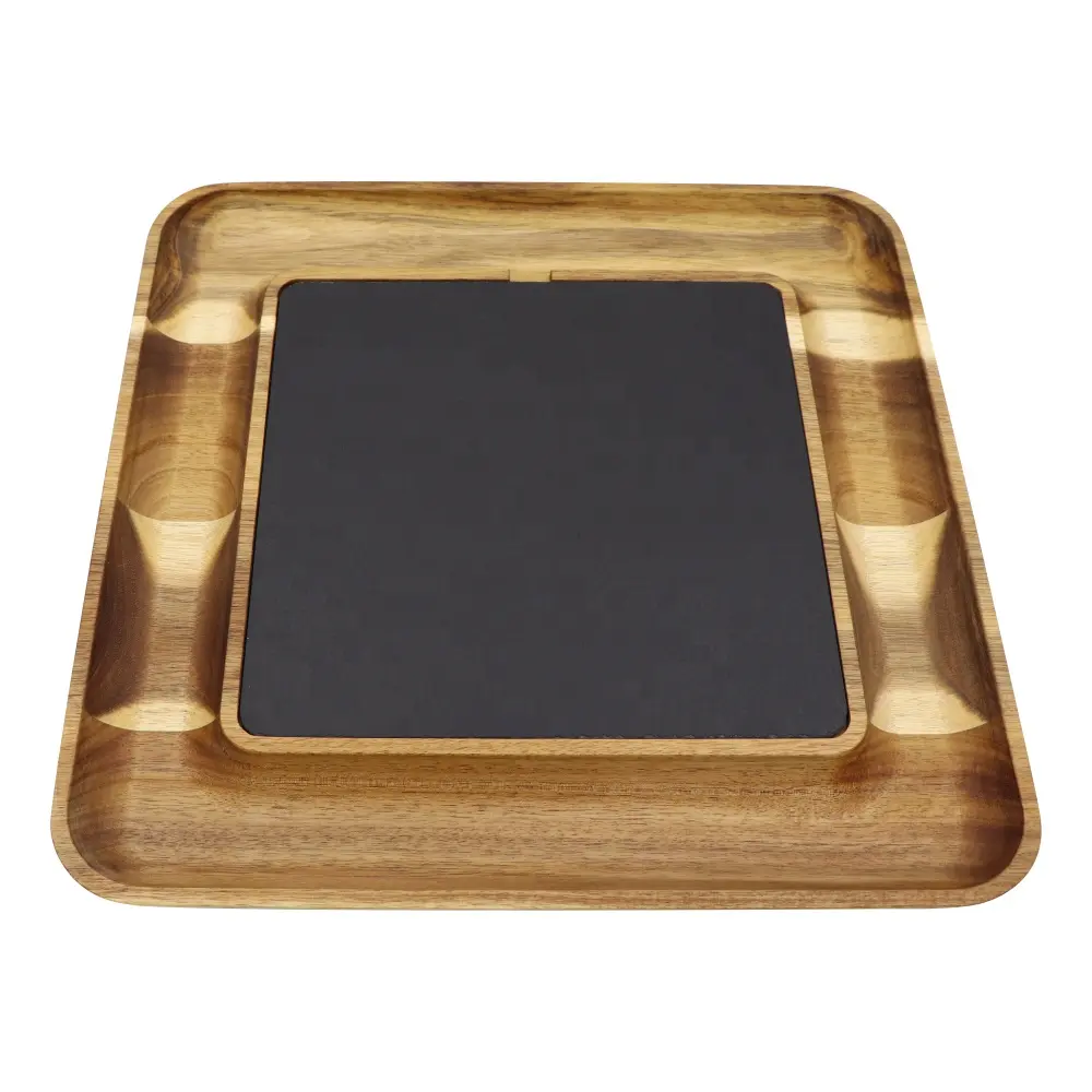 Organic acacia wood cheese board with removable slate plate charcuterie platter