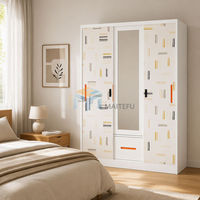 Armoire en acier imprimé crème Tally Line 1200 mm avec 2 portes coulissantes, miroir et tringle de suspension, placard métallique pour chambre à coucher