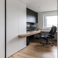 Bureau d'ordinateur autoportant personnalisé avec bibliothèque et rangement dissimulé pour espace de travail compact à domicile, chambre ou bureau