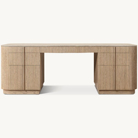 Bureau de direction élégant et moderne avec plateau en marbre foncé, bois cannelé, 4 tiroirs, coins arrondis et base sur socle pour bureau à domicile, personnalisable OEM