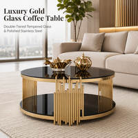 Table basse ronde de style nordique de luxe en or, table centrale à double niveau en verre, table d'appoint minimaliste pour canapé ou bureau