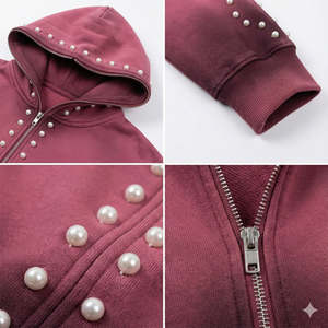 ผู้ผลิตเสื้อฮู้ดดี้แบบกำหนดเอง เสื้อฮู้ดดี้แบบซิปหนัก 420 กรัม ชุดวอร์มประดับคริสตัล ชุดฮู้ดดี้ทรงหลวมสำหรับสตรีทแวร์ TKAN550 - Product Image 2