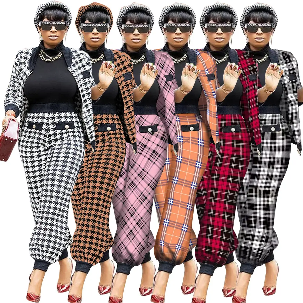 BH761 2022 fall and winter women fashion plaid print two piece sets clothes