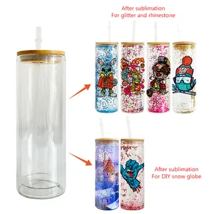 USA Warehouse Pre Drilled Double Walled Glass Blank Sublimation Snow Globe Tumbler With Bamboo Lid And Straw For Vinyl Glitter