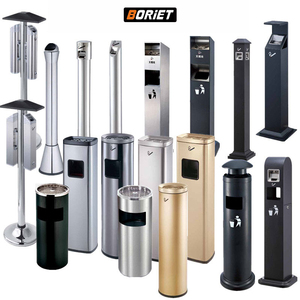 Cendrier rond sur pied BORIET Classic en acier inoxydable argenté sans fumée, certifié ISO9001, pour hall d'hôtel avec logo personnalisé - Product Image 1