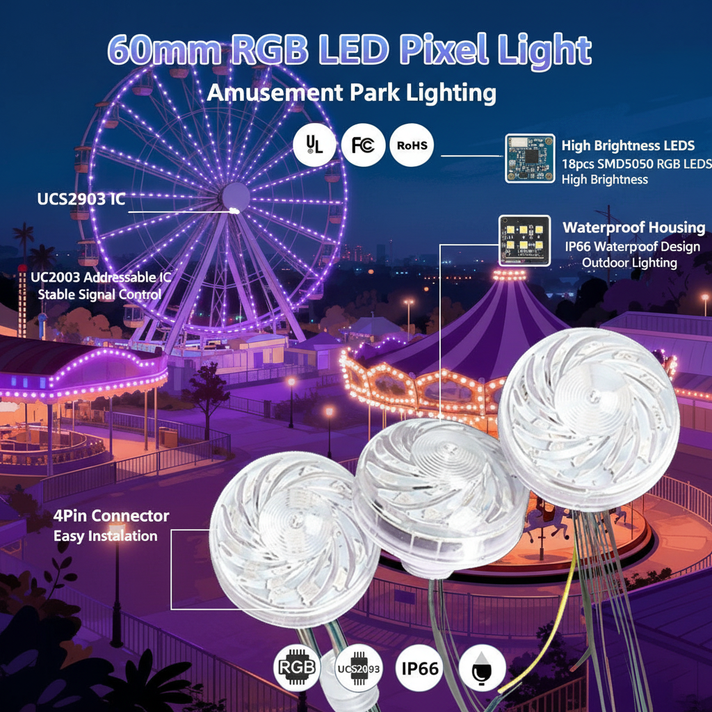 High Brightness 60mm UCS2903 Addressable RGB Pixel Point Light with DC24V IP66 18 SMD5050 LEDs for Carnival Theme Park Lighting