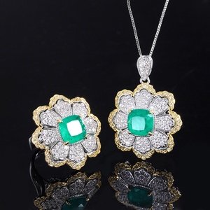 Fashion Jewelry Eco-friendly Copper 10*10MM Green Zirconia Flower Design Gold Plated Wedding Engagement Necklace Earrings Set - Product Image 1