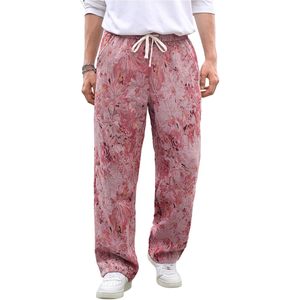 FOXA Men's Floral Pants Straight Leg <b>Drawstring</b> Waist Breathable Cotton <b>Trousers</b> With Pockets Streetwear - Product Image 1