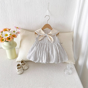 Abito Estivo 2026 per <span class=keywords><strong>Bambina</strong></span>, Vestito Senza Maniche con Colletto alla Marinara, Completo per Bambine, Elegante Abito a Righe Stile Scolastico - Product Image 5