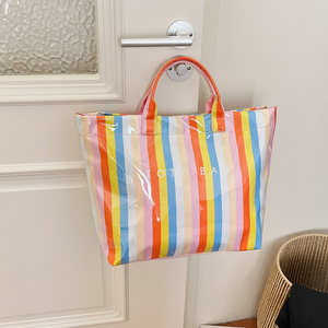 Borsa Tote a Righe Personalizzata, Grande Capacità, in PVC, Borsa a Spalla, Borsa da Viaggio e Shopping, con Stampa di Lettere, Stile Hobo - Product Image 5