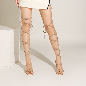Women's Stiletto Square Toe Sandals Diamonds <b>Rope</b> Lace up Cross Strap High Thin Heels Shoes Fancy Ladies Party Pumps - Product Image 2