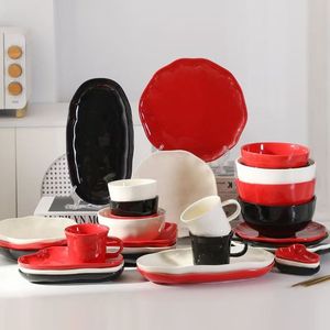 Customized Professional Solid Color Minimalist Design Portable <b>Dinner</b> <b>Set</b> Red <b>Black</b> White Embossed Ceramic Tableware Dishwasher - Product Image 1