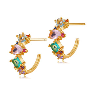 Pendientes de Clip chapados en oro Pendientes de tuerca de circonita cúbica de colores Pendientes de Gemme bohemios de oro de 14K Regalos de San Valentín - Product Image 5