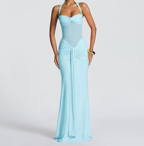 Viviblook Z331DS01 Vestidos de Verano para Mujer, Nuevo Vestido Maxi Elegante sin Mangas con Tirantes Halter, Malla y Cinta Decorativa - Product Image 4