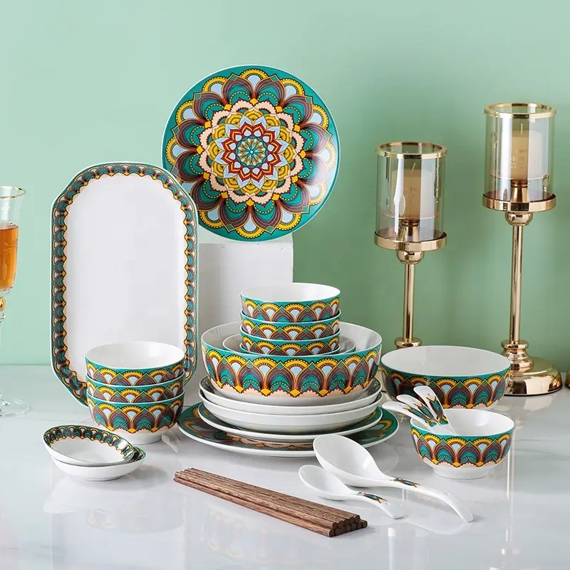 İskandinav Bohemian sofra yemek seramik porselen tabak kase Assiette yemeği seti yemekleri ve tabaklar
