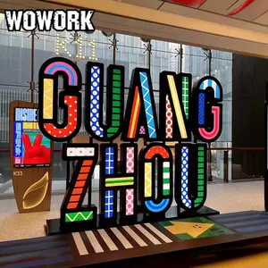 2024 WOWORK搞笑钢艺术喷漆图案照明字母标志灯泡户外商店橱窗装饰灯