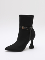 Bottines à bout pointu pour femmes, avec boucle en métal, talon épais évasé, fermeture éclair latérale, coupe ajustée, élégantes, pour soirée, bottines courtes noires