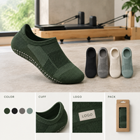 Chaussettes de Pilates antidérapantes vert forêt à rayures grises, coupe basse, invisibles, pour studio, semelle intégrale, production en gros, évaluation des motifs, classification des tailles
