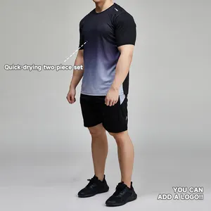 Camiseta de entrenamiento de manga corta con degradado Luckpanther y pantalones cortos para correr, traje deportivo para correr para hombre, chándal de dos piezas de secado rápido