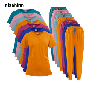 La mejor oferta de trajes de fregado estilo cremallera para mujer, conjuntos de uniformes de fregado sólidos, ropa de trabajo de enfermera, uniformes de hospital de rayón - Product Image 2