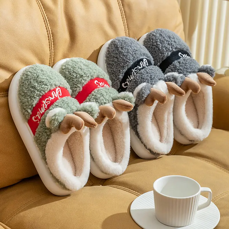 Elk Horn Christmas Slippers Winter Indoor Home Warm Anti-Slippery Cotton Soft Foam Footwear Slides Faux Fur Slippers For Men