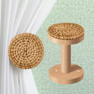 Soporte de Cortina de Madera, Tejido de Ratán, Redondo, de Pino Sólido, Diseño Rústico, Fácil Instalación, para Cortinas de Ducha o Puerta - Product Image 1