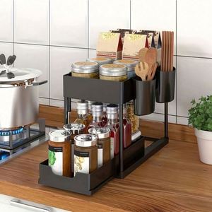 Plastic 2-Tier Double Tier Under Sink Organizer for <b>Kitchen</b> & Bathroom with <b>Hooks</b> and Holders Standing Type - Product Image 3