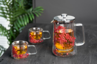 Presse à café en verre à double paroi avec fleurs séchées incrustées, verre borosilicate de haute qualité, capacité de 1000 ml, couvercle en acier inoxydable, compatible lave-vaisselle