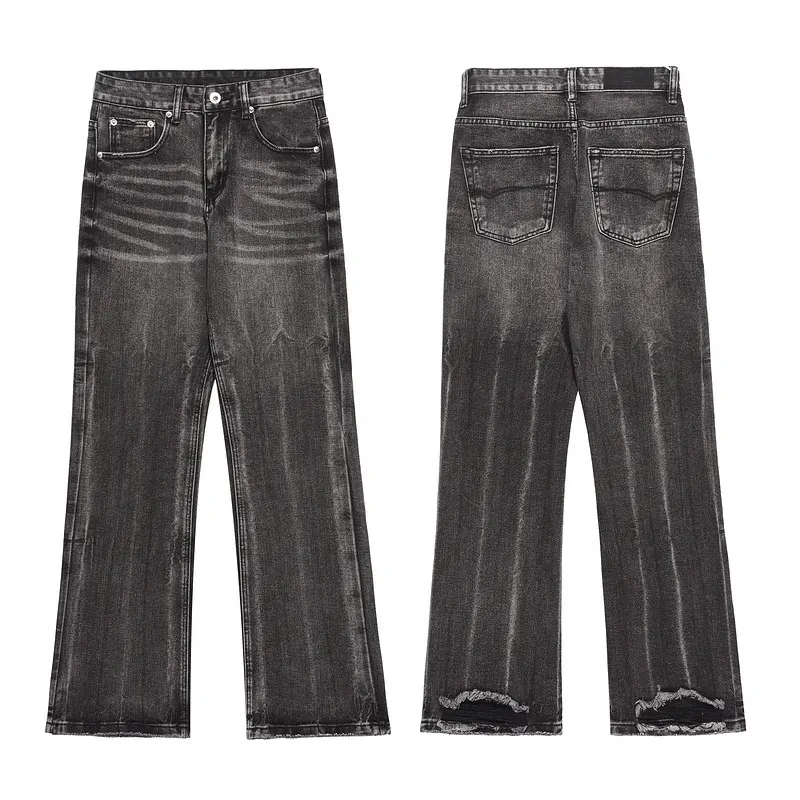 D1231 Custom American high street distressed vintage washed Black flared jeans casual denim men's jeans